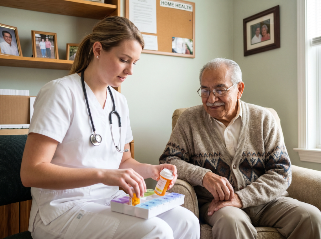 Caregiver arranging a folded linen blanket in a sunlit room