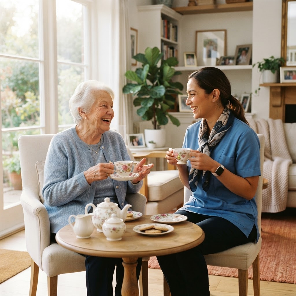 Caregiver sharing tea and conversation with a smiling elderly woman