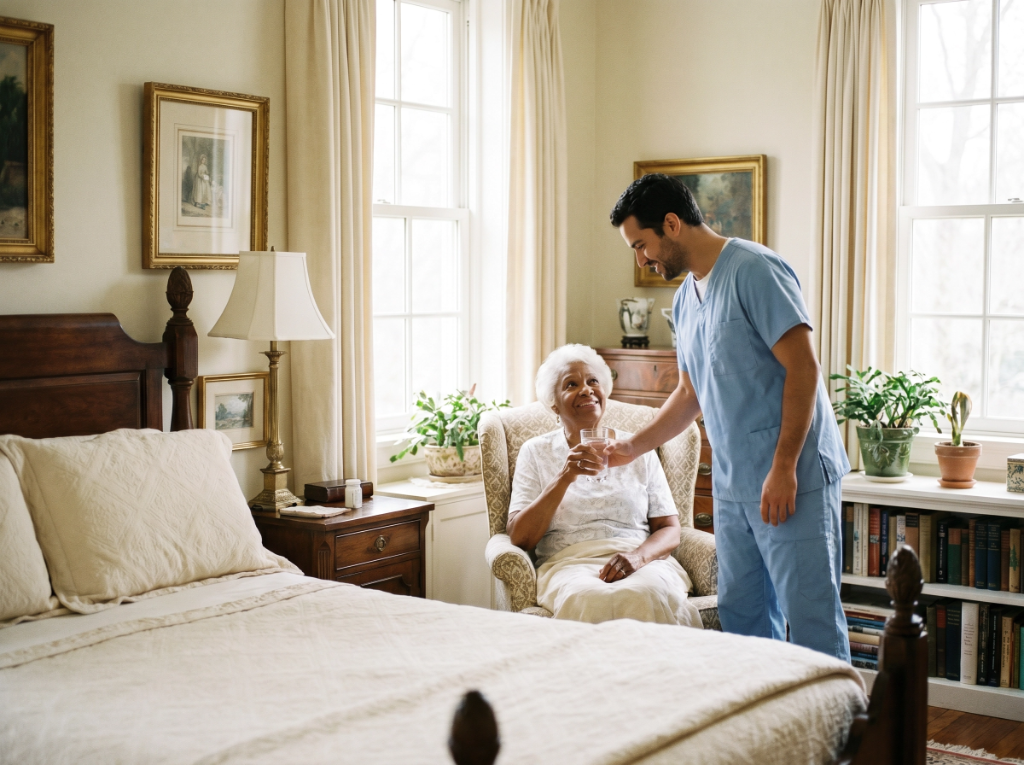 Caregiver offering a glass of water to a smiling elderly woman