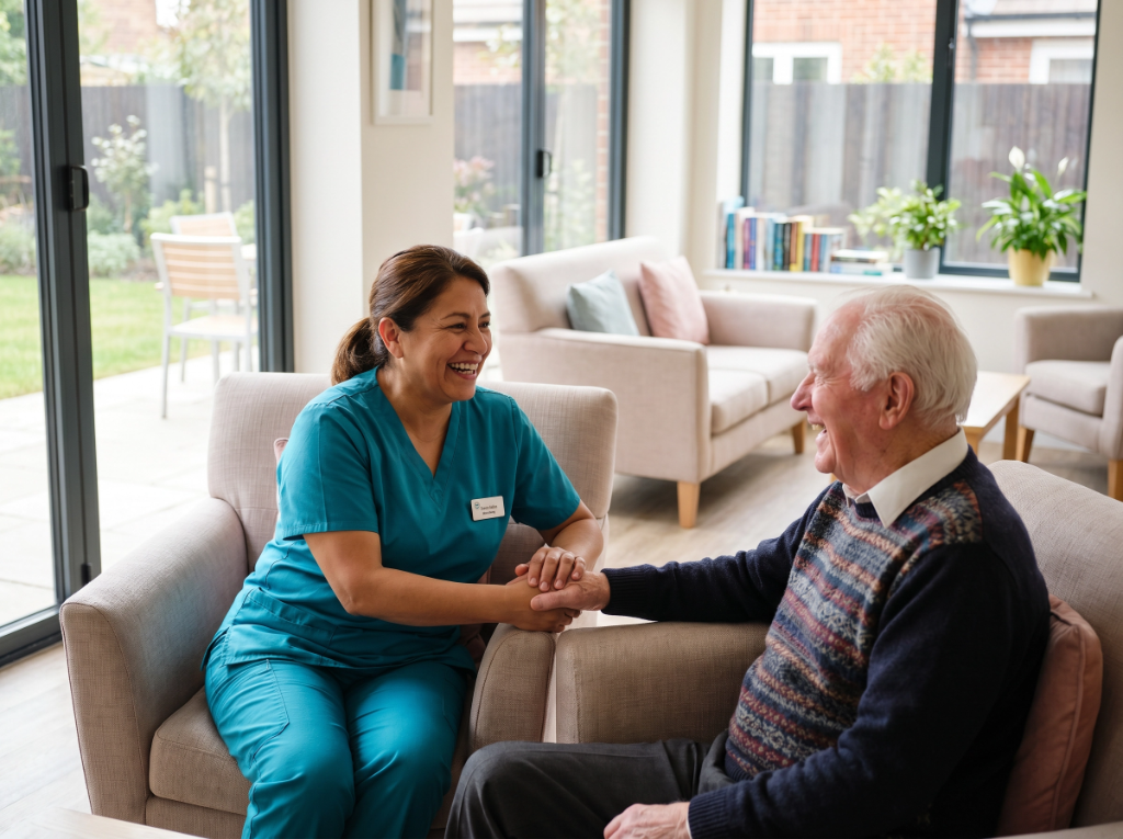 Caregiver sharing a joyful moment with an elderly client