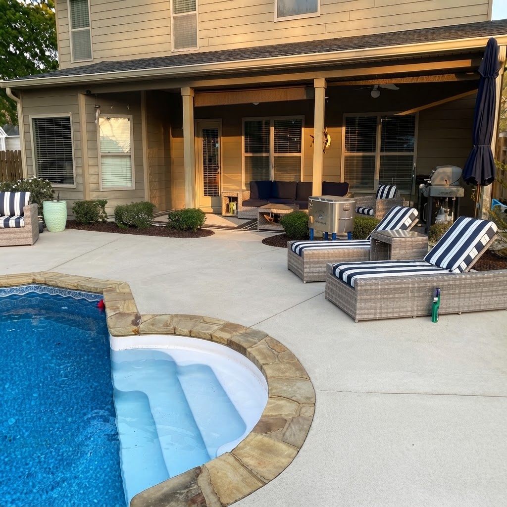 Covered back porch overlooking a private pool