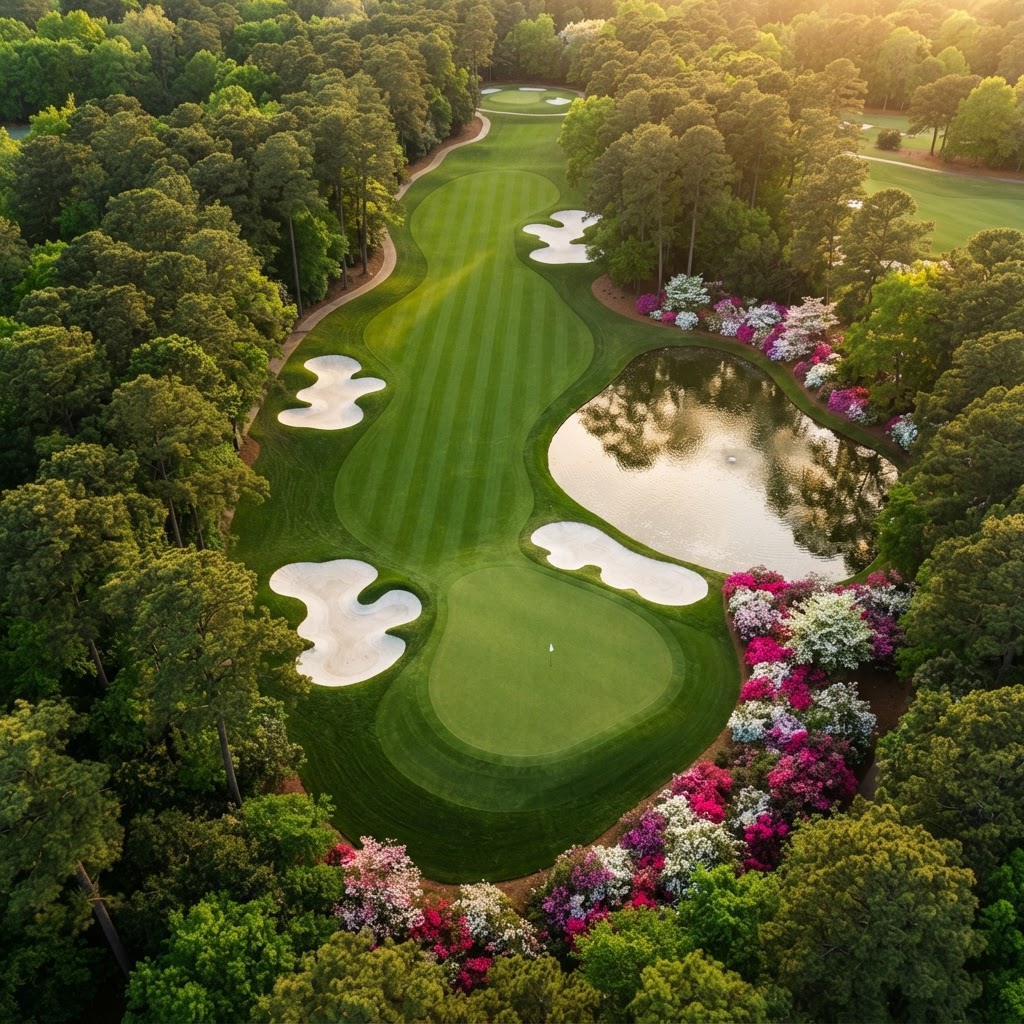 Aerial view of a lush green golf course fairway lined with pine trees, evoking Augusta National