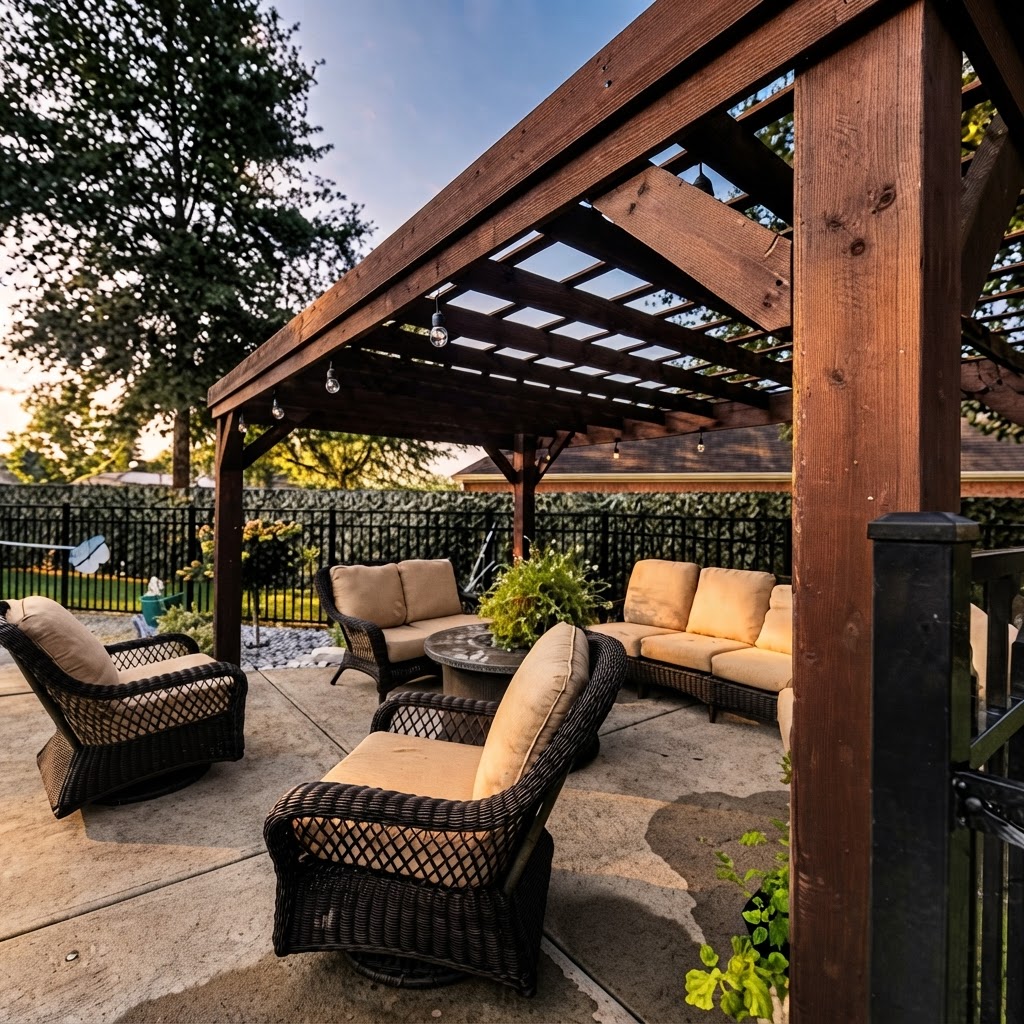 Covered pergola lounge with wicker seating