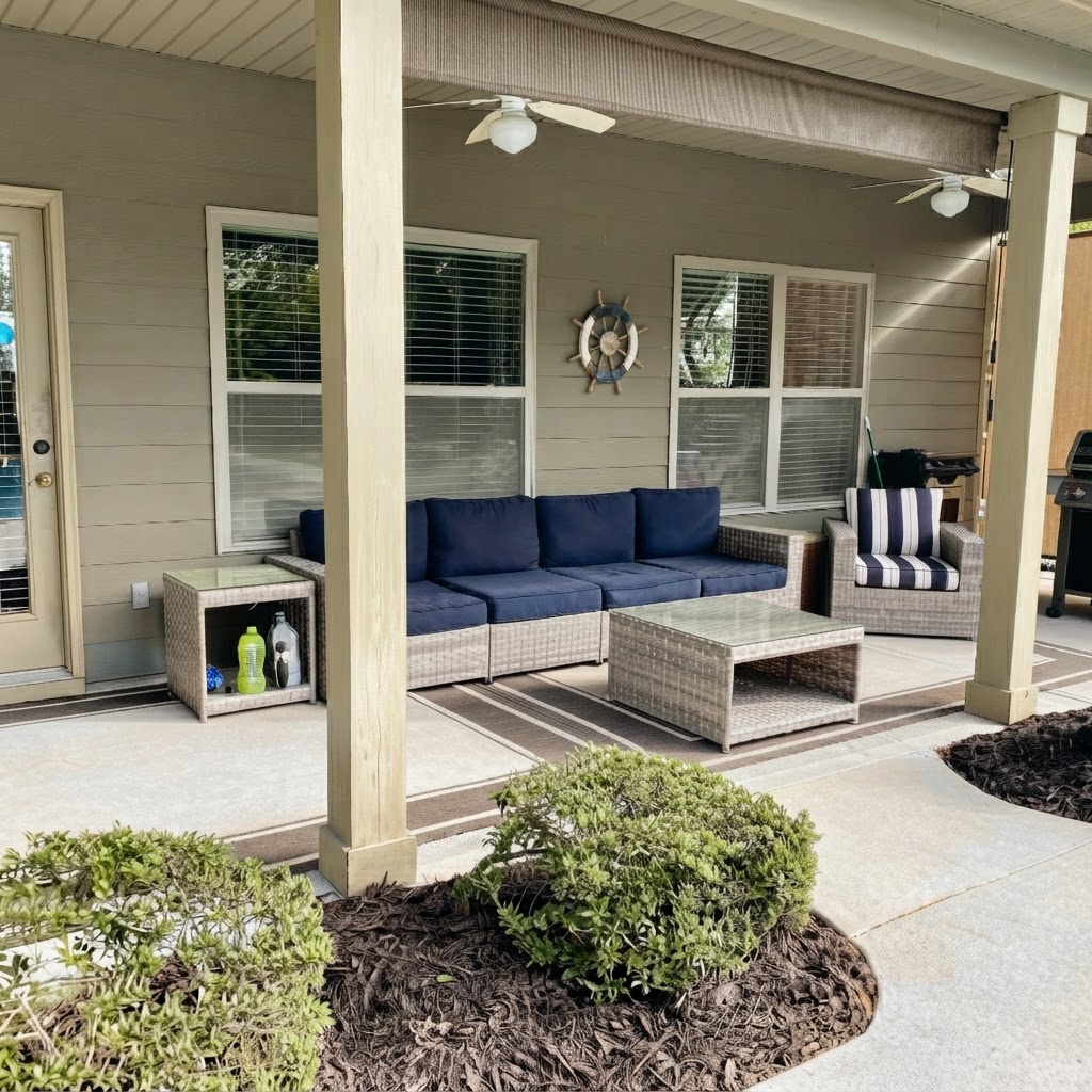 Covered outdoor patio with sofa seating and grill