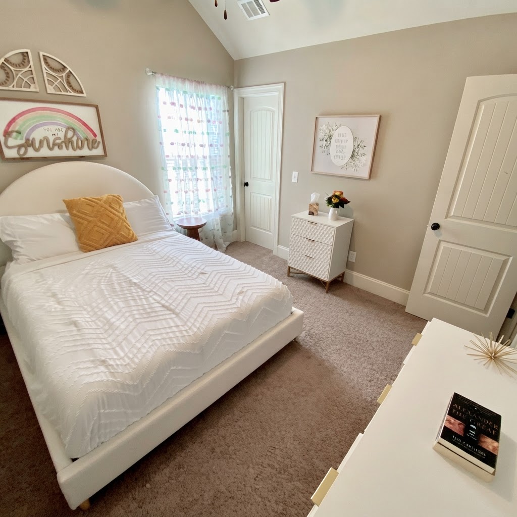 Bedroom with round white bed and rainbow wall art