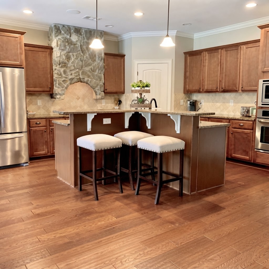 Kitchen with stainless appliances and center island