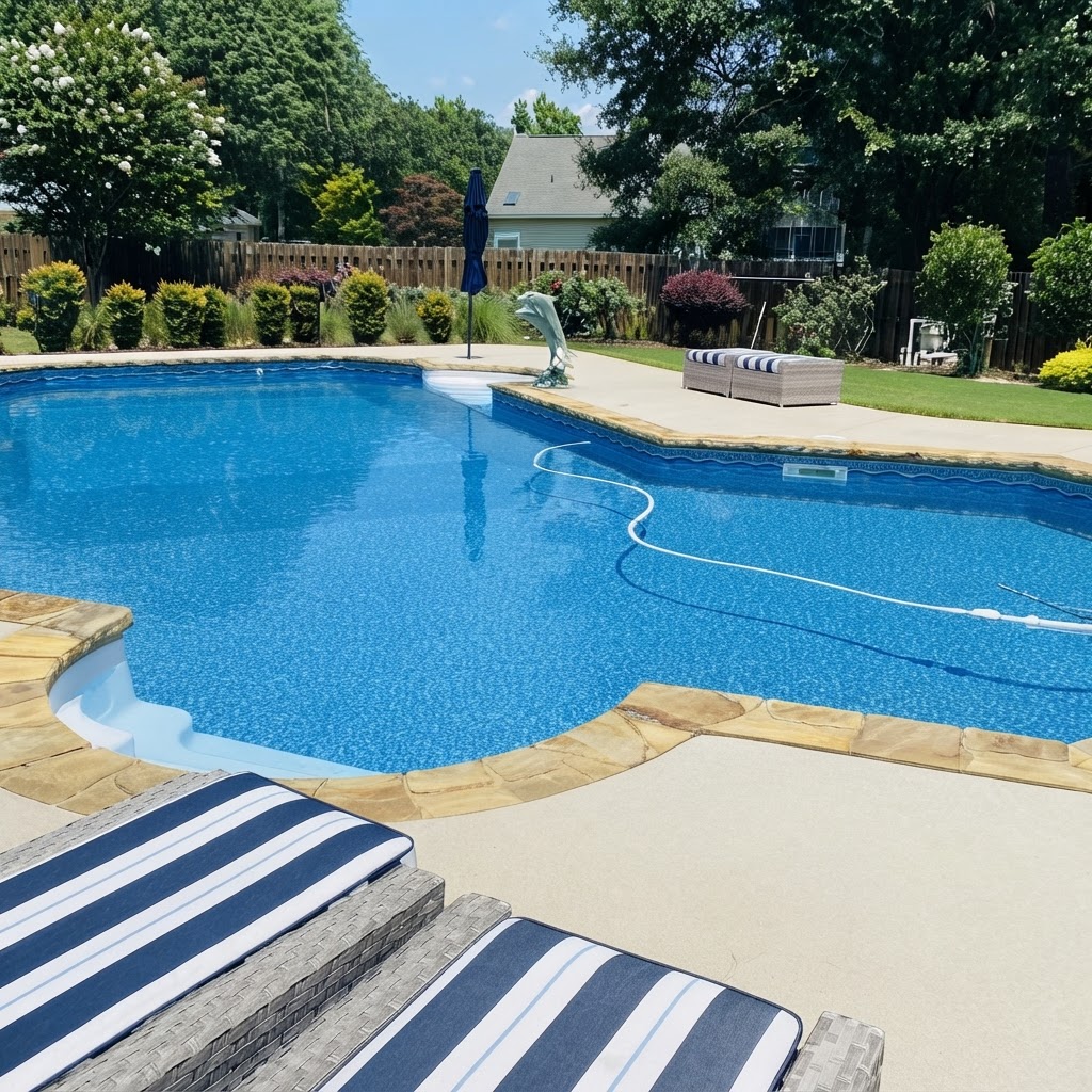 Backyard pool with dolphin statue fountain
