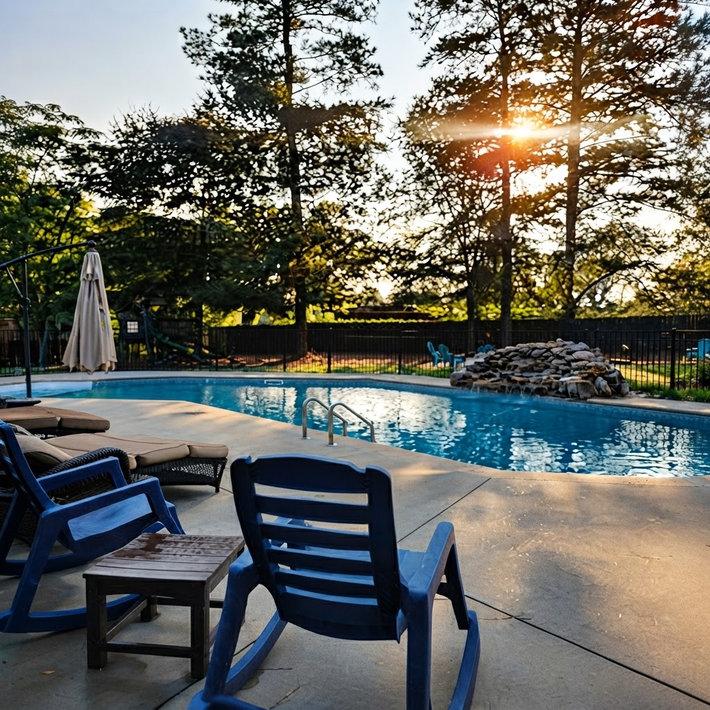 Poolside lounge chairs at sunset