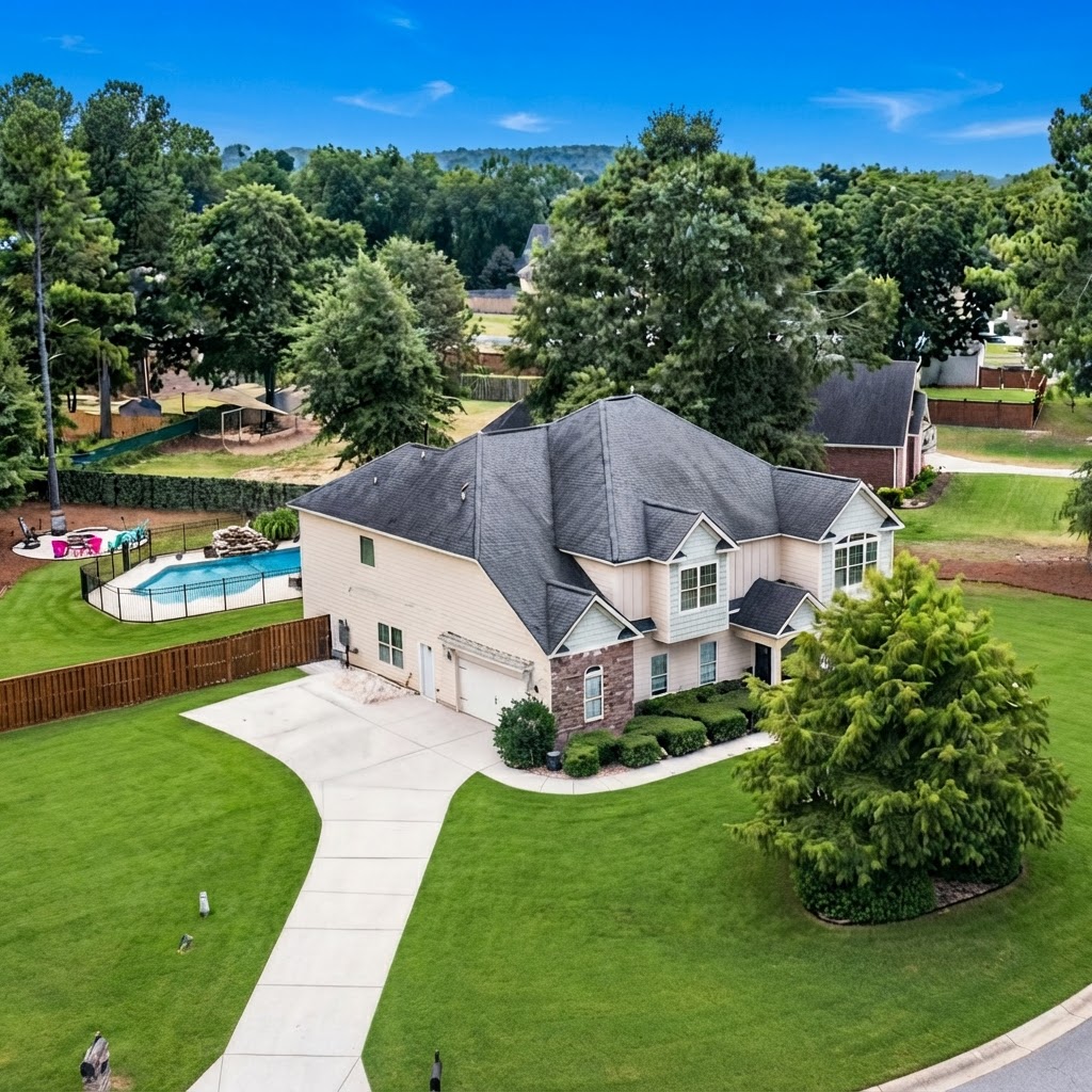 Aerial view of the Hospitality House estate with pool
