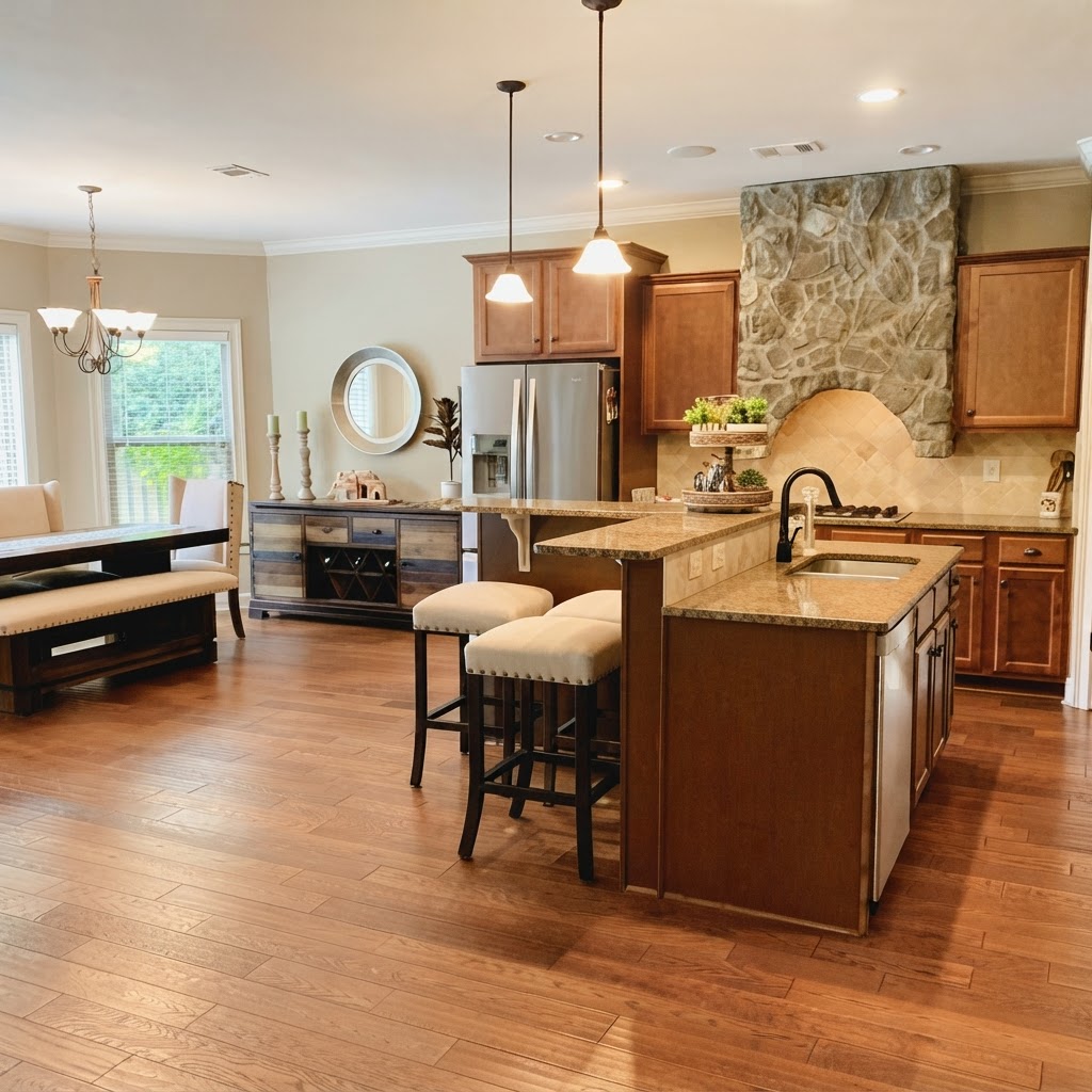 Gourmet kitchen with stone hood, granite island and bar seating