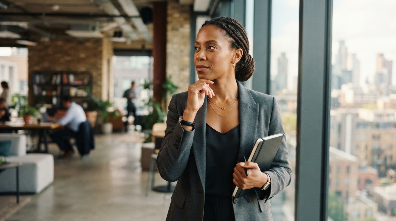 Confident tech startup founder in modern workspace