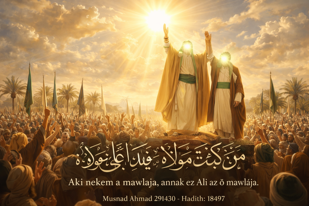 Ghadír Khumm — A Próféta (S) felemeli Ali (a.s.) kezét