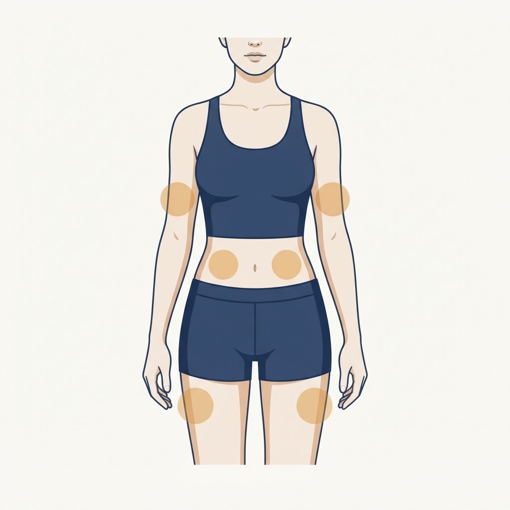 Front view of subcutaneous injection sites on the abdomen, outer thighs and outer upper arms