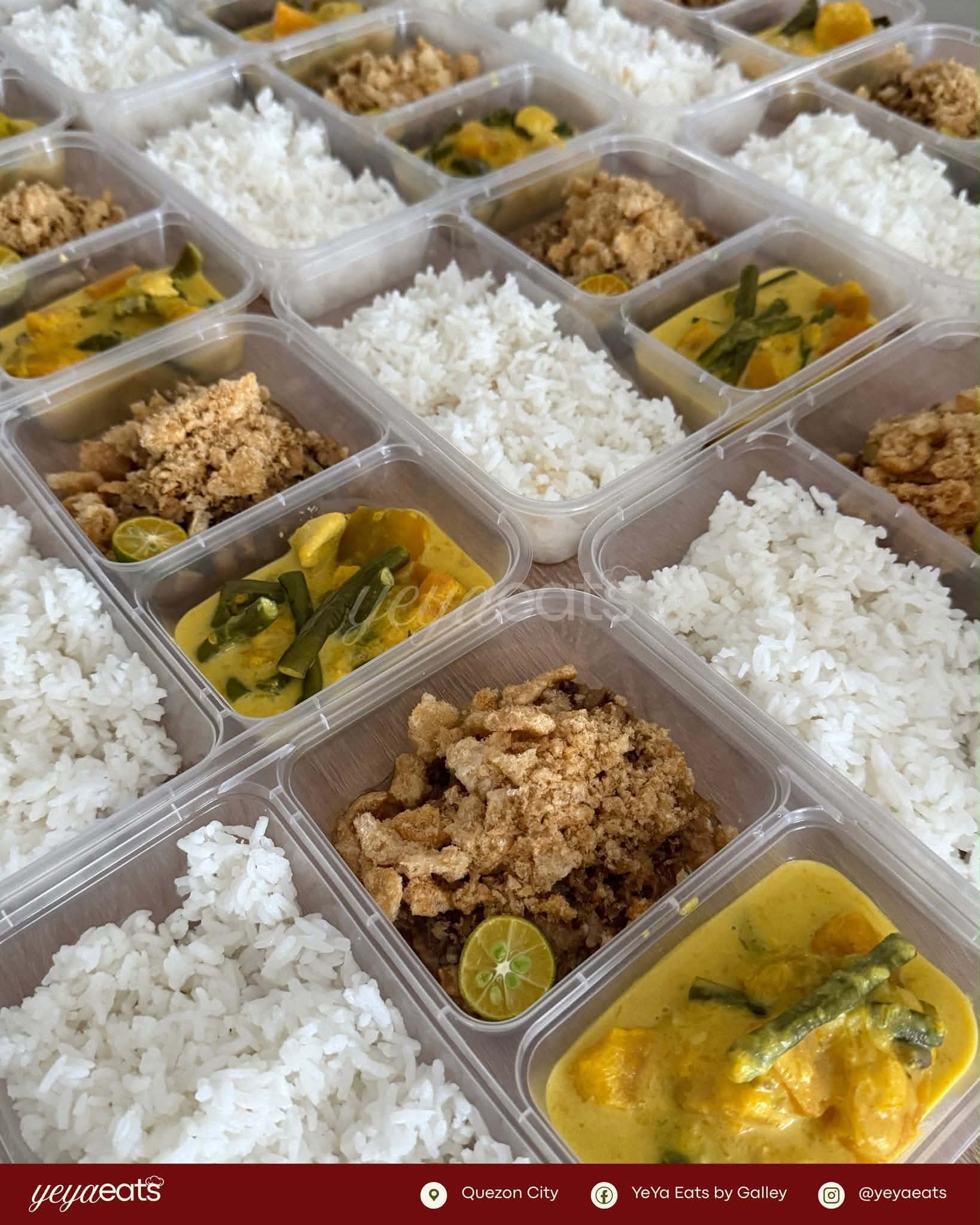 Bulk meal-kit spread of Filipino crew meals in portioned containers