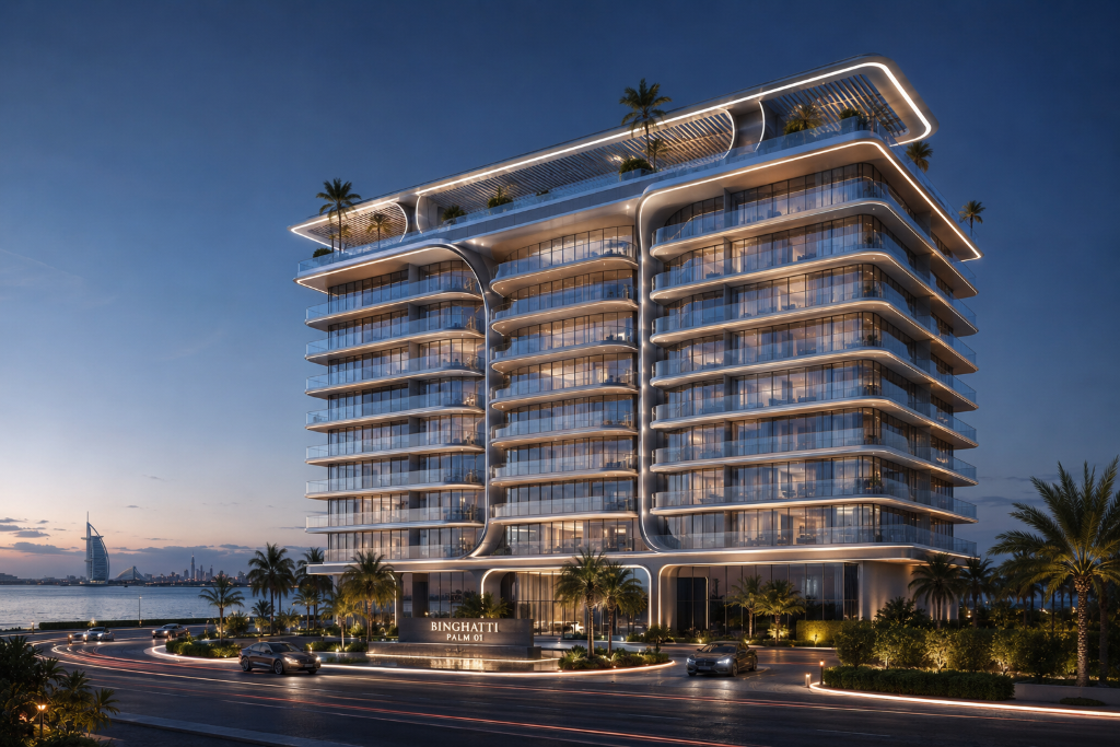 Palm 01 by Binghatti architectural rendering at dusk on Palm Jumeirah
