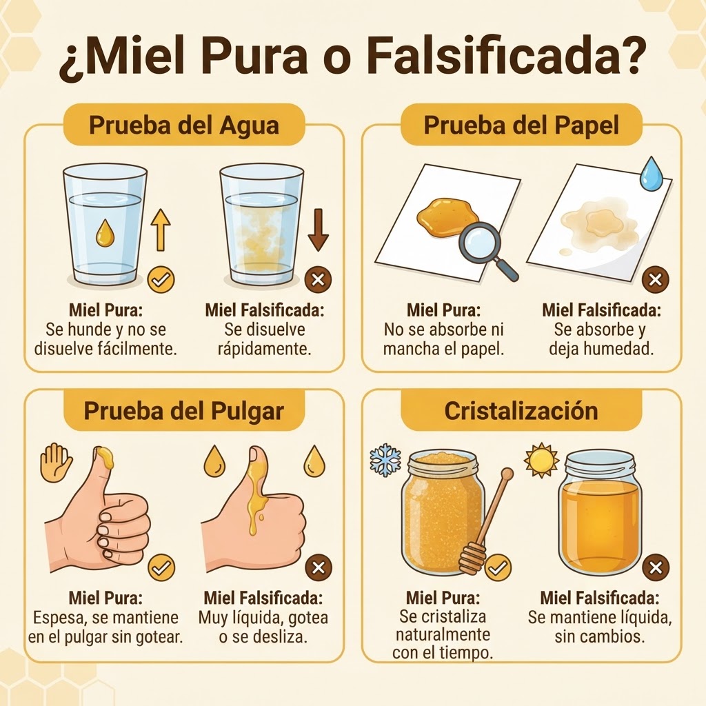 Infografía: cómo detectar miel pura vs falsificada