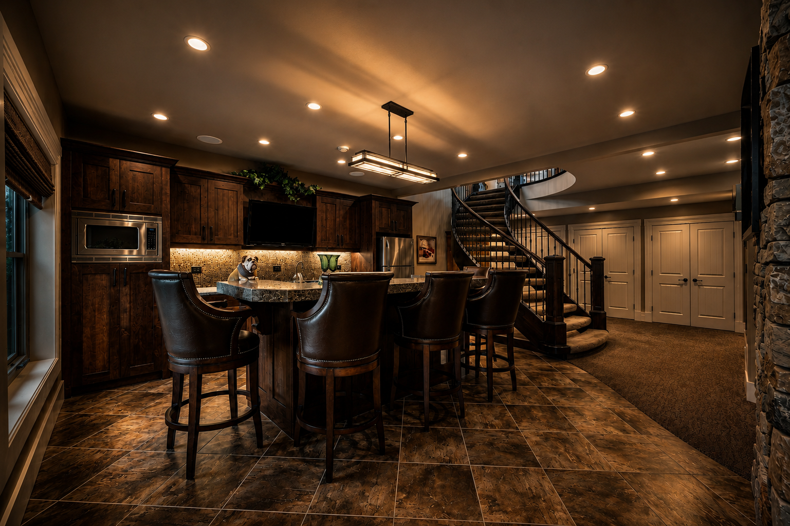 Impressive lower-level bar with full appliances