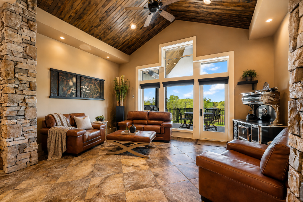 Elegant dining room adjoining a sunroom with picturesque views