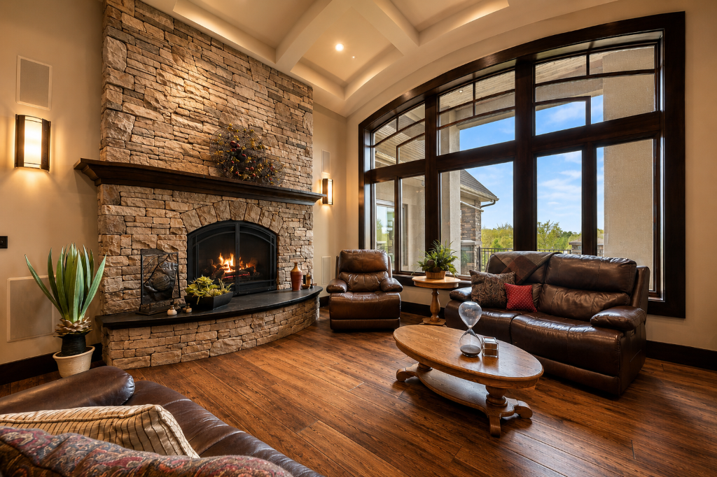 The great room with large fireplace and expansive windows