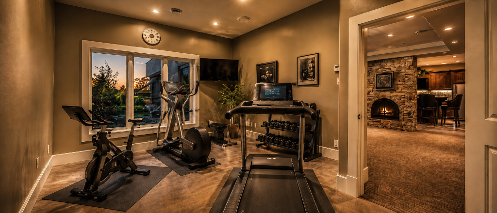 Private home gym with treadmill, spin bike and dumbbells