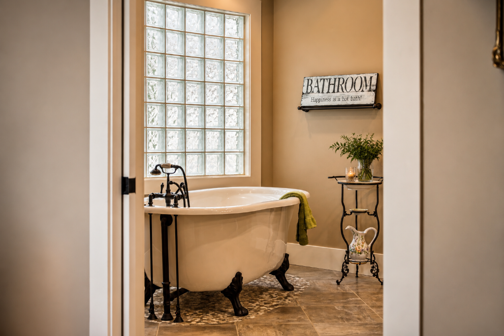 Spa-inspired ensuite with tile shower and freestanding tub