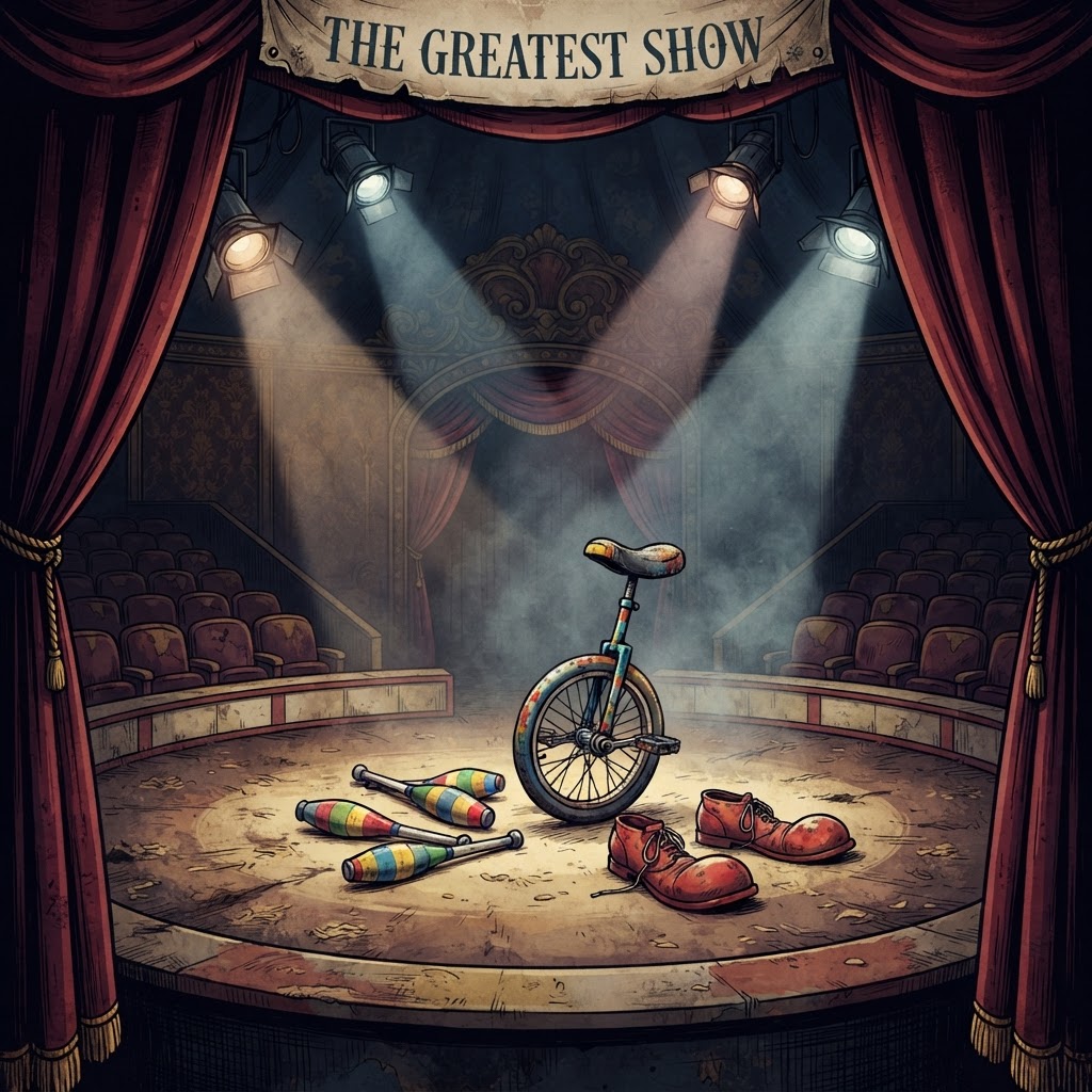 A circus ring with juggling pins and clown shoes — editorial illustration