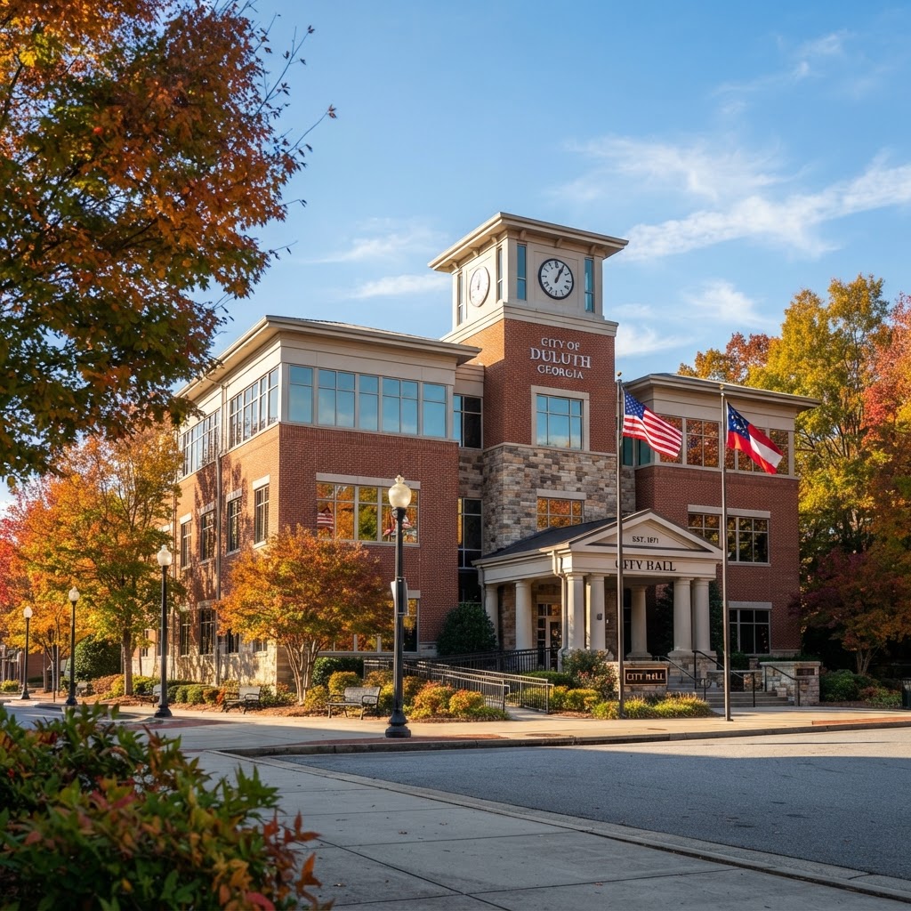 Duluth City Hall building exterior in Duluth, Georgia, with brick facade and American flag on a clear autumn afternoon