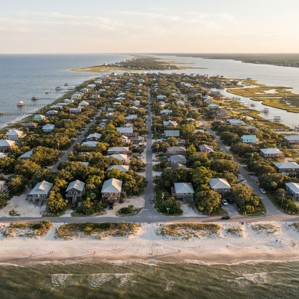 Homes and community on Dauphin Island Alabama as residents debate development, tourism and the island's future