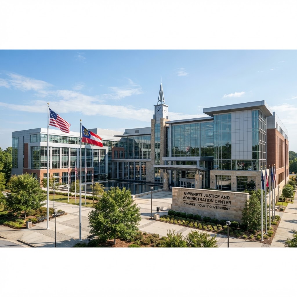 Gwinnett Justice and Administration Center in Lawrenceville, Georgia, a large modern government building with glass and stone facade and American flag flying in front