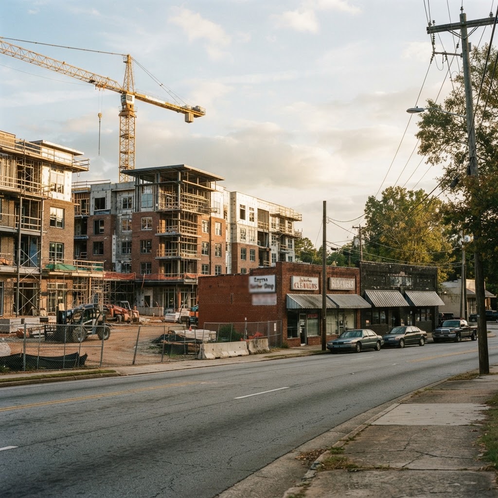 A suburban Gwinnett County town center undergoing redevelopment with new construction beside older retail