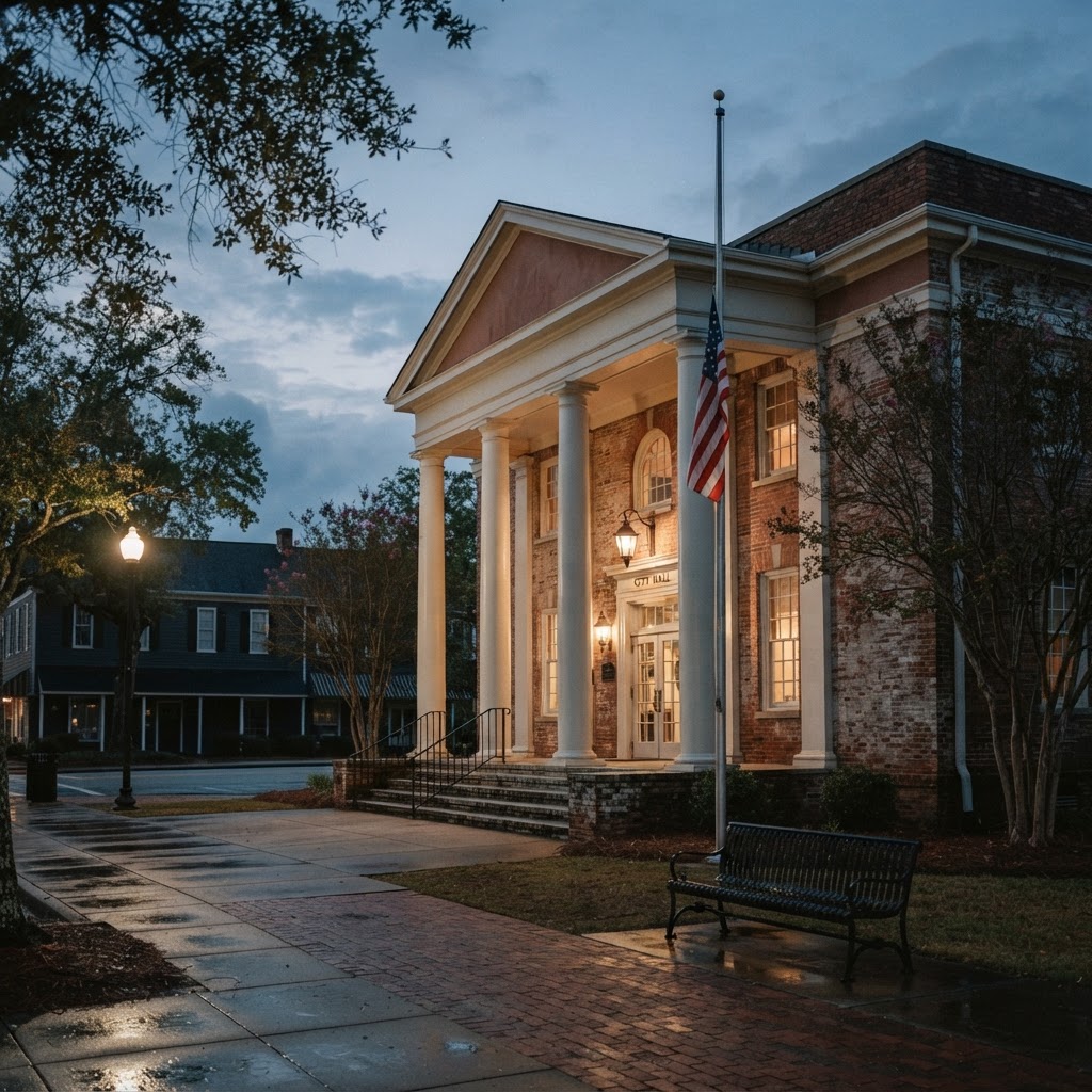 A small Georgia city hall building with an American flag at evening