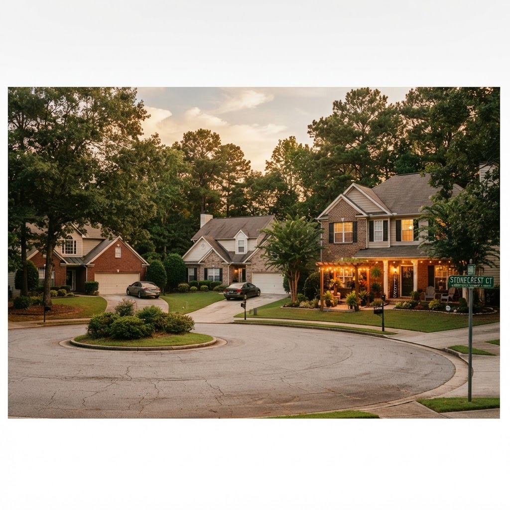 Suburban Gwinnett County residential neighborhood with single-family homes and manicured lawns in a quiet cul-de-sac at golden hour