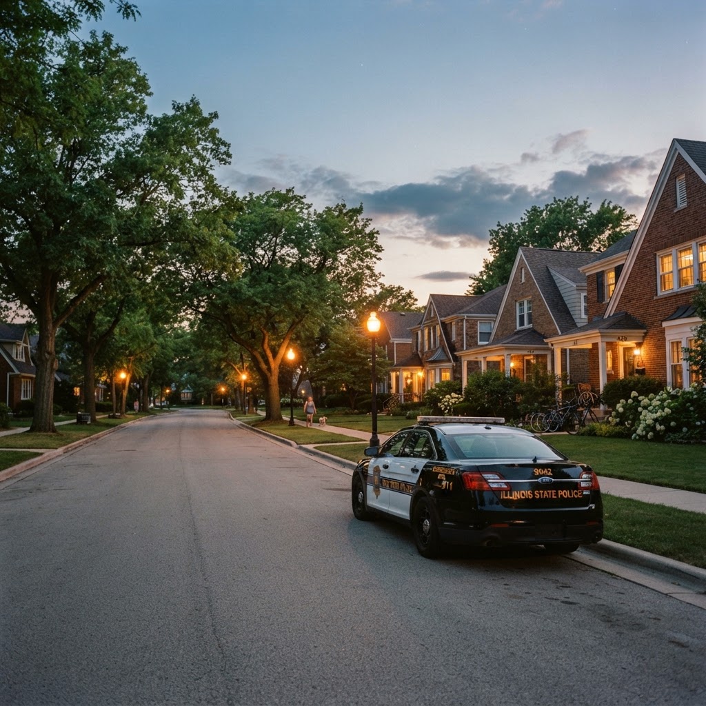 A police patrol car parked on a quiet suburban street in Pingree Grove, Illinois at dusk