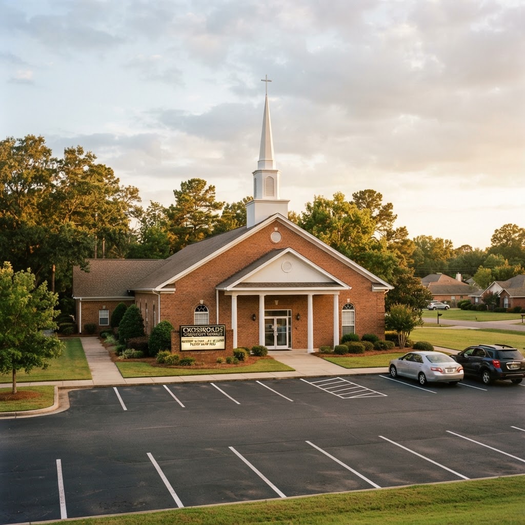 Suburban evangelical church building in DeSoto County Mississippi representing faith community and Christian values