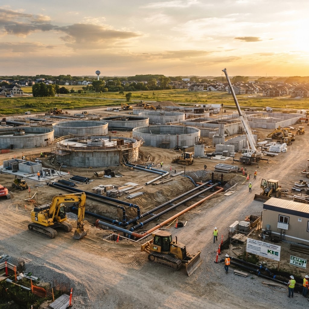 A wastewater treatment plant expansion construction site in a growing suburban Illinois village