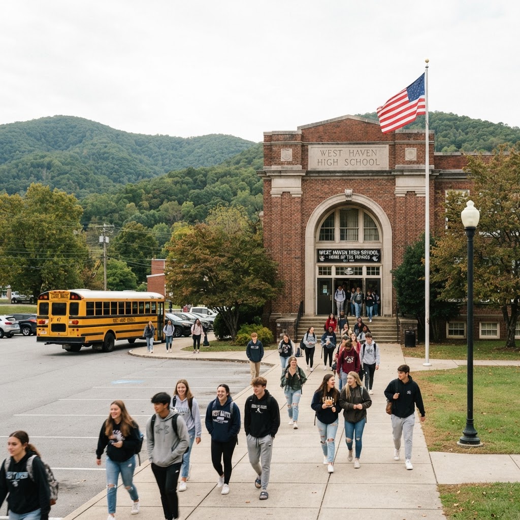 Cookeville High School building with students and school bus in Tennessee
