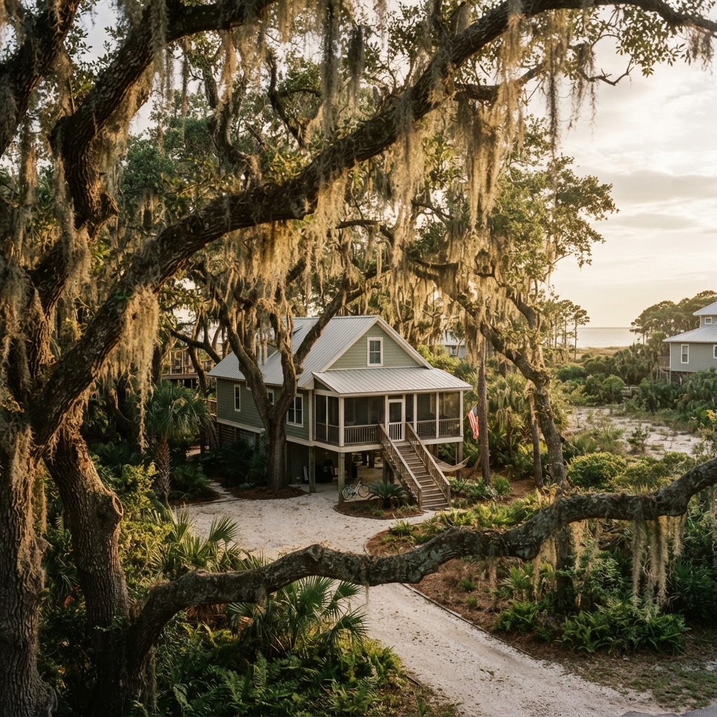 Large oak tree with Spanish moss on a Dauphin Island Alabama residential property, with a house visible behind the tree, Gulf Coast barrier island setting