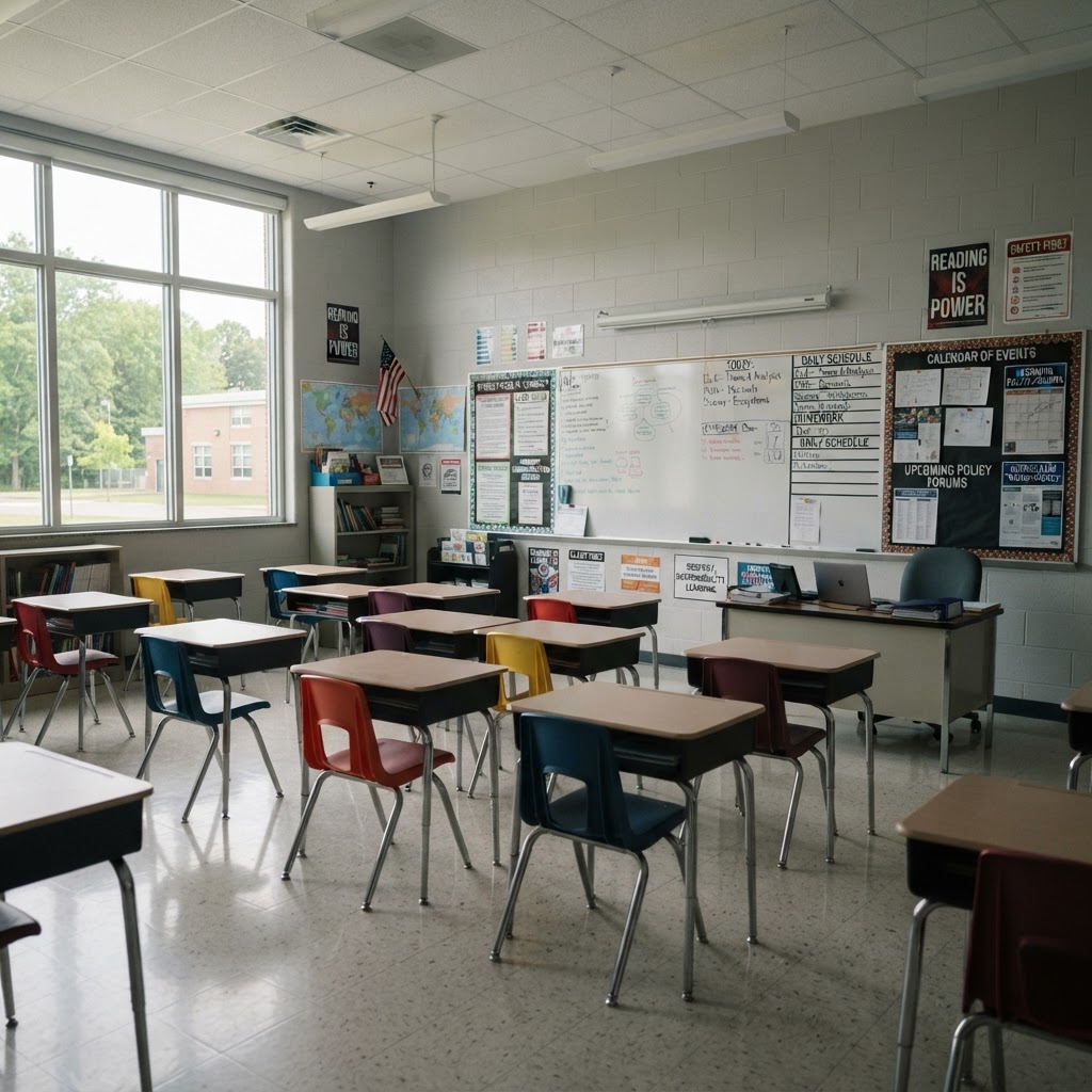 Empty American public school classroom representing education policy and parental rights debates in DeSoto County Mississippi