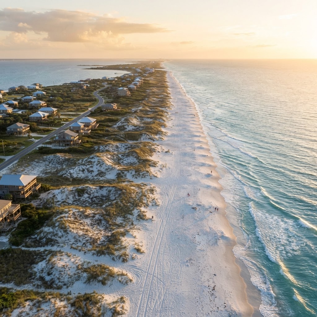Aerial view of Dauphin Island West End beach showing the Gulf of Mexico shoreline with sand dunes and beach houses along a wide barrier island coastline at golden hour