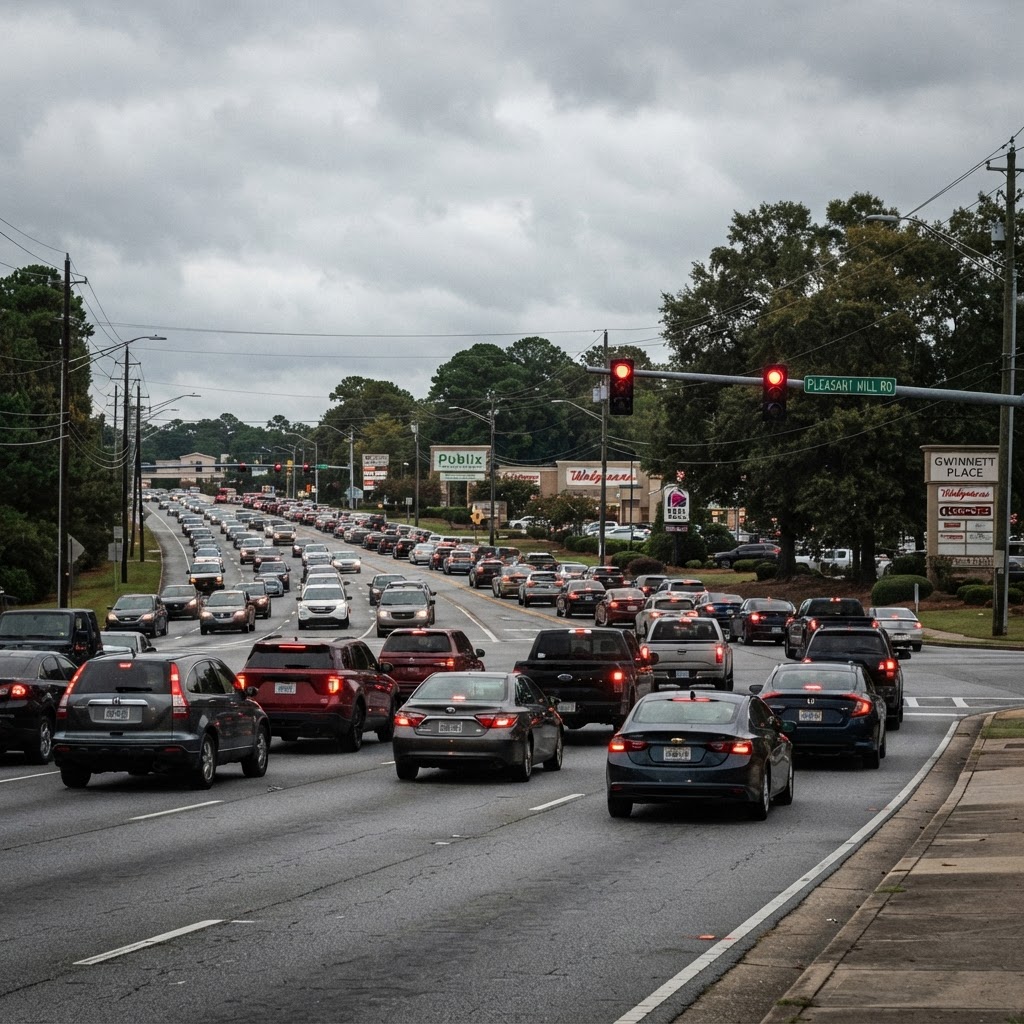 Traffic on a busy suburban arterial road in Gwinnett County during afternoon rush hour, representing congestion along Pleasant Hill Road in Duluth, Georgia.