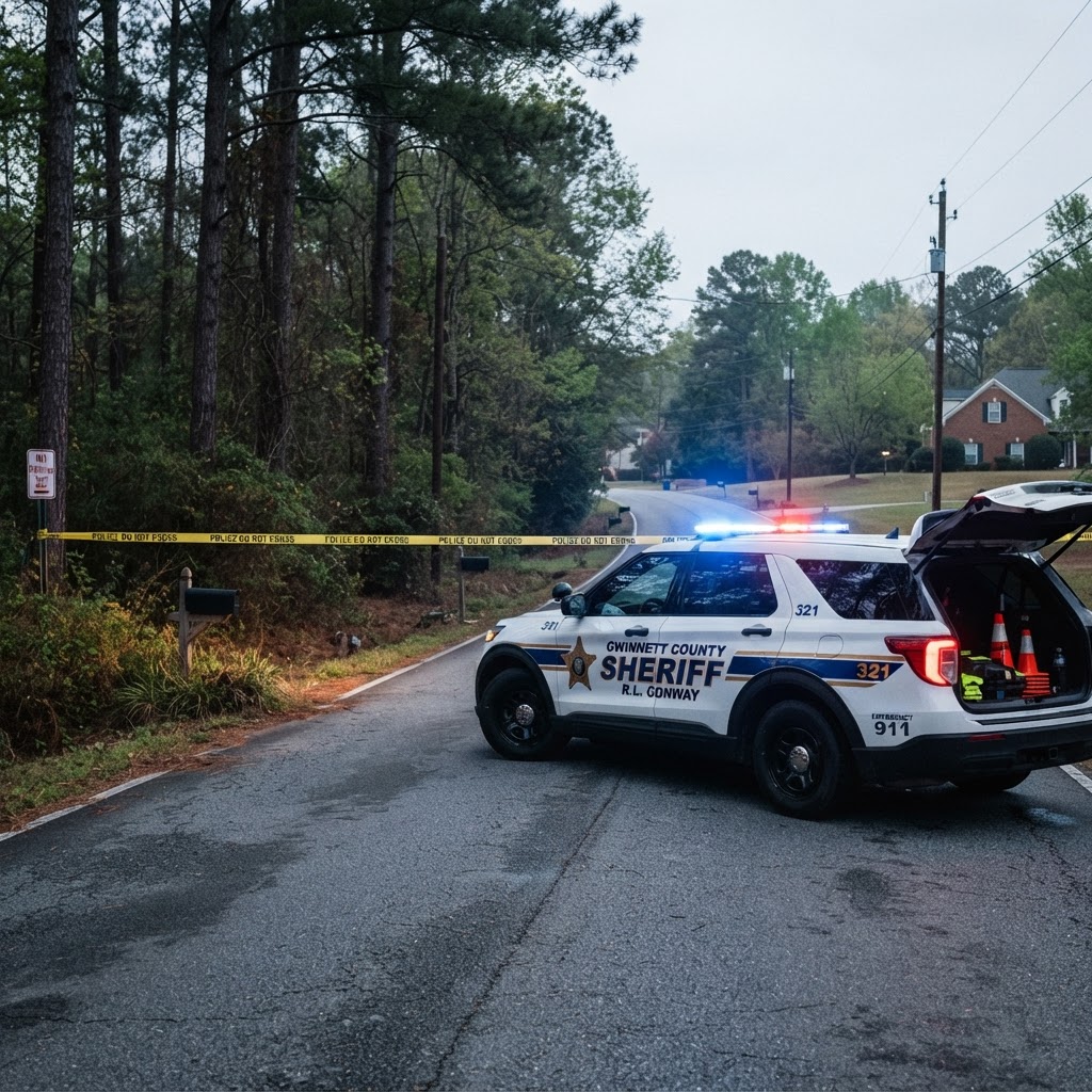 Gwinnett County Sheriff's Office patrol vehicle with lights flashing on a suburban road near a wooded area in early morning light, with crime scene tape visible