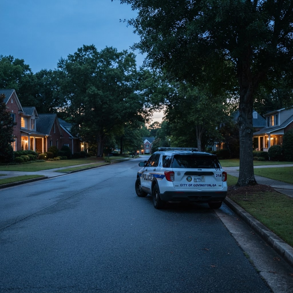 A Duluth, Georgia police patrol car on a quiet residential street at dusk