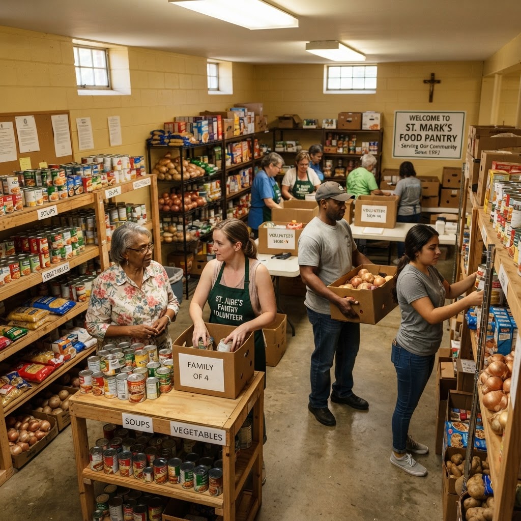 Volunteers organizing food on shelves inside a church community food pantry in Tupelo, Mississippi