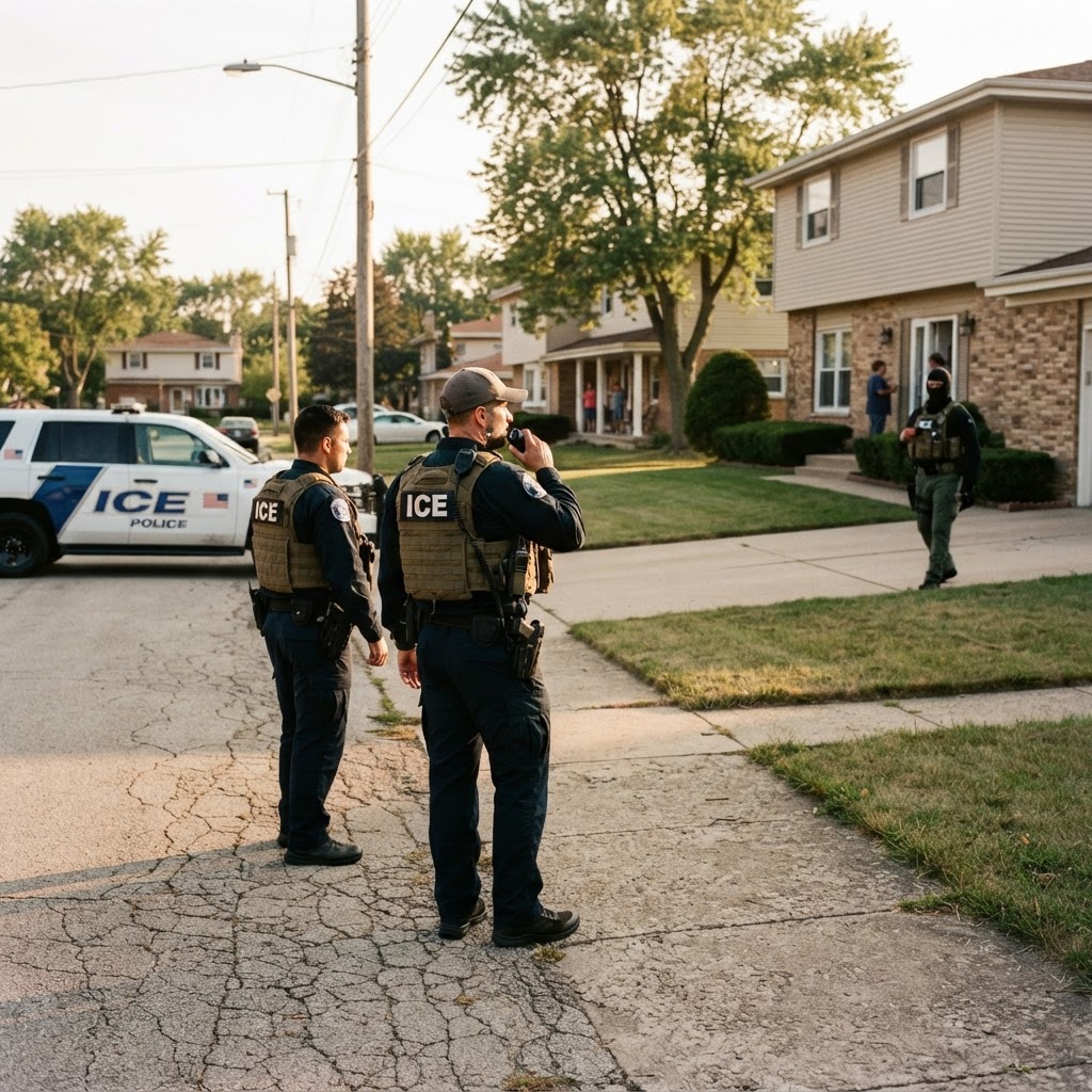 ICE immigration enforcement officers conducting an operation in a suburban American setting, representing DeSoto County Mississippi cooperation with federal authorities