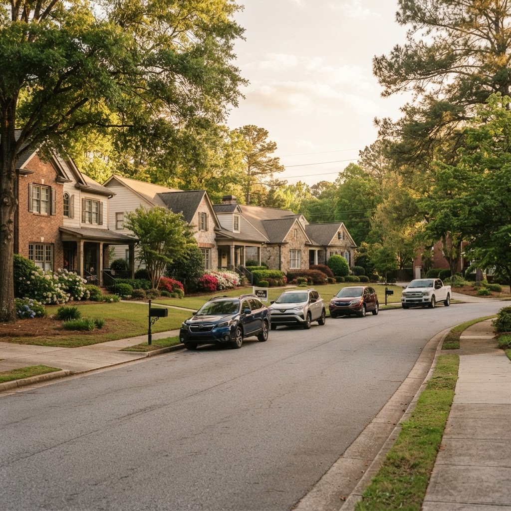 A quiet residential street in Duluth, Georgia with single-family homes and street parking, representing the neighborhood where short-term rental regulations apply.