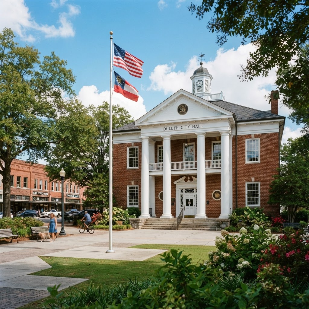 A red-brick city hall building with white columns and American flag, representing Duluth, Georgia city government where property taxes are administered.