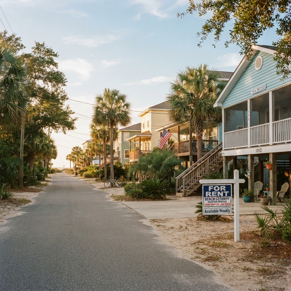 Quiet residential street on Dauphin Island Alabama with beach houses, palm trees, and a rental sign, warm late afternoon Gulf Coast barrier island setting