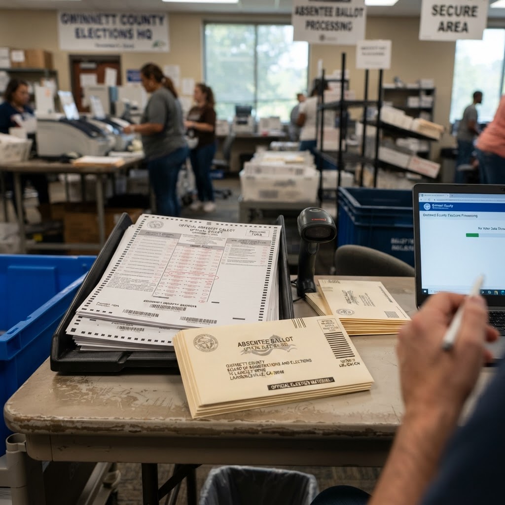 Stack of official mail-in absentee optical-scan ballots with security paper and barcodes alongside official return envelopes at a Gwinnett County elections facility