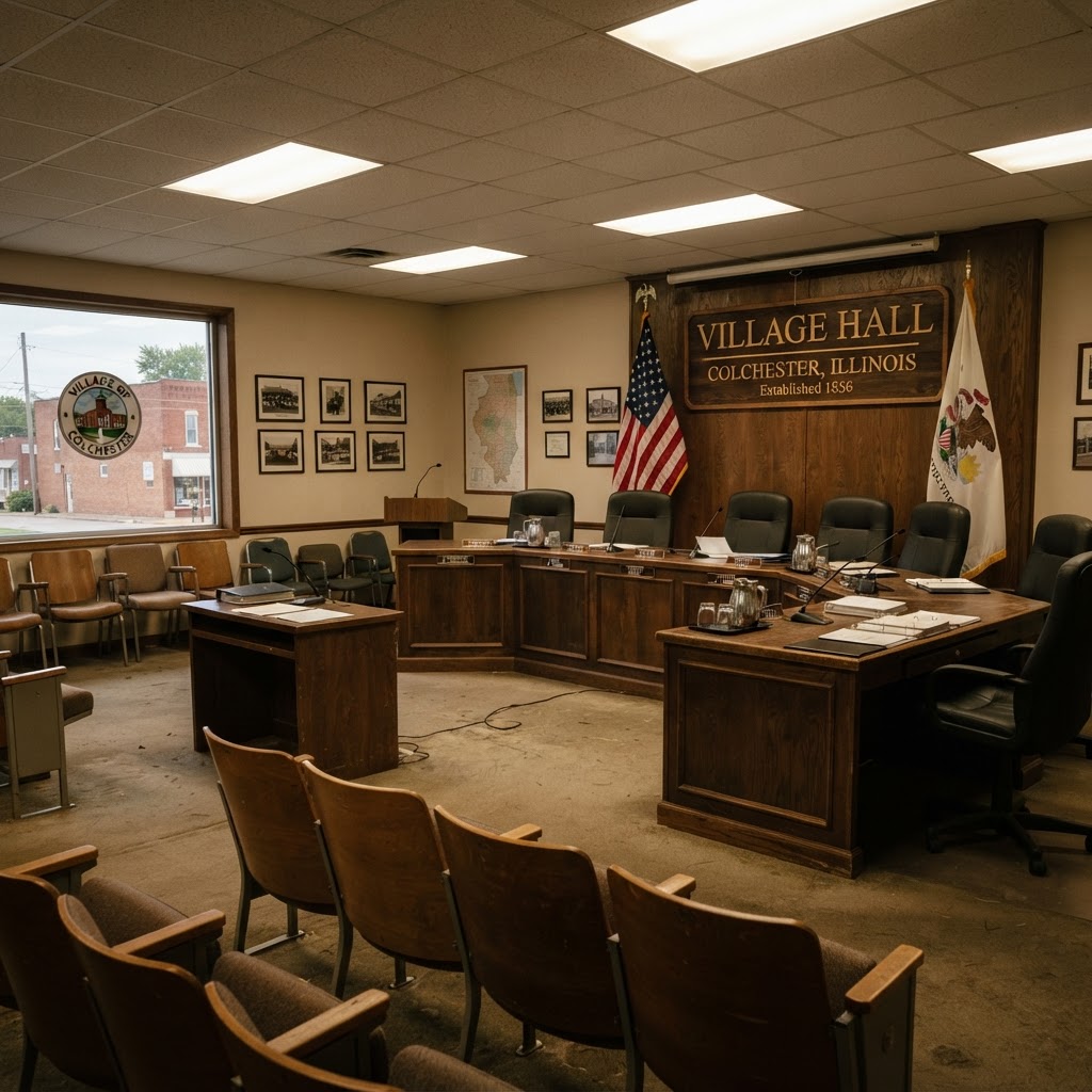 A Midwestern village hall boardroom with a council dais and an American flag