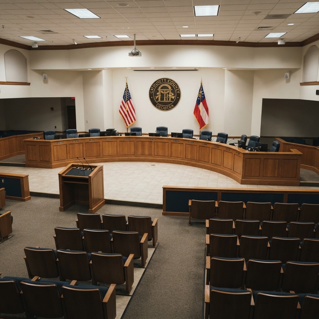 Gwinnett County Board of Commissioners meeting chamber with wooden desks, podium, American and Georgia state flags, empty public seating area under fluorescent lights